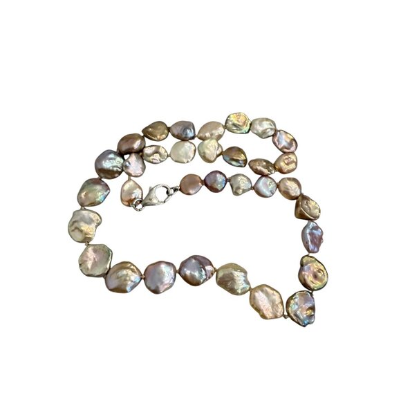 Keshi  Baroque Coin Pearls necklace Peacock Lavender Sterling Silver 9" Drop 18 - Picture 9 of 12